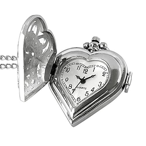 VIGOROSO Women's Pocket Watch, Analog Display, Quartz Movement, Silver Stainless Steel, Heart Pendant Necklace, Unisex Accessory, Valentines Day Gifts - Image 3