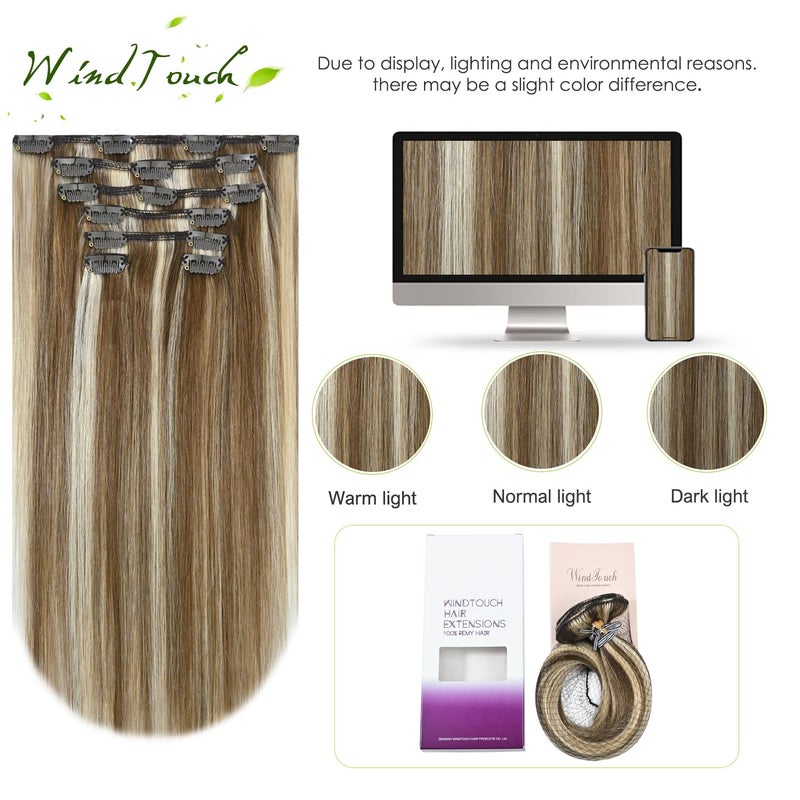 WindTouch Clip in Hair Extensions Human Hair Balayage Medium Light Brown to Blonde Hair Extensions for Blonde 12Inch 75g #6p613 7PCS Gift for Women - Image 4