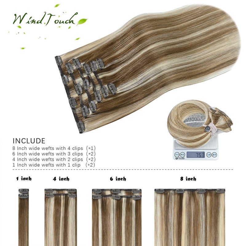 WindTouch Clip in Hair Extensions Human Hair Balayage Medium Light Brown to Blonde Hair Extensions for Blonde 12Inch 75g #6p613 7PCS Gift for Women - Image 3