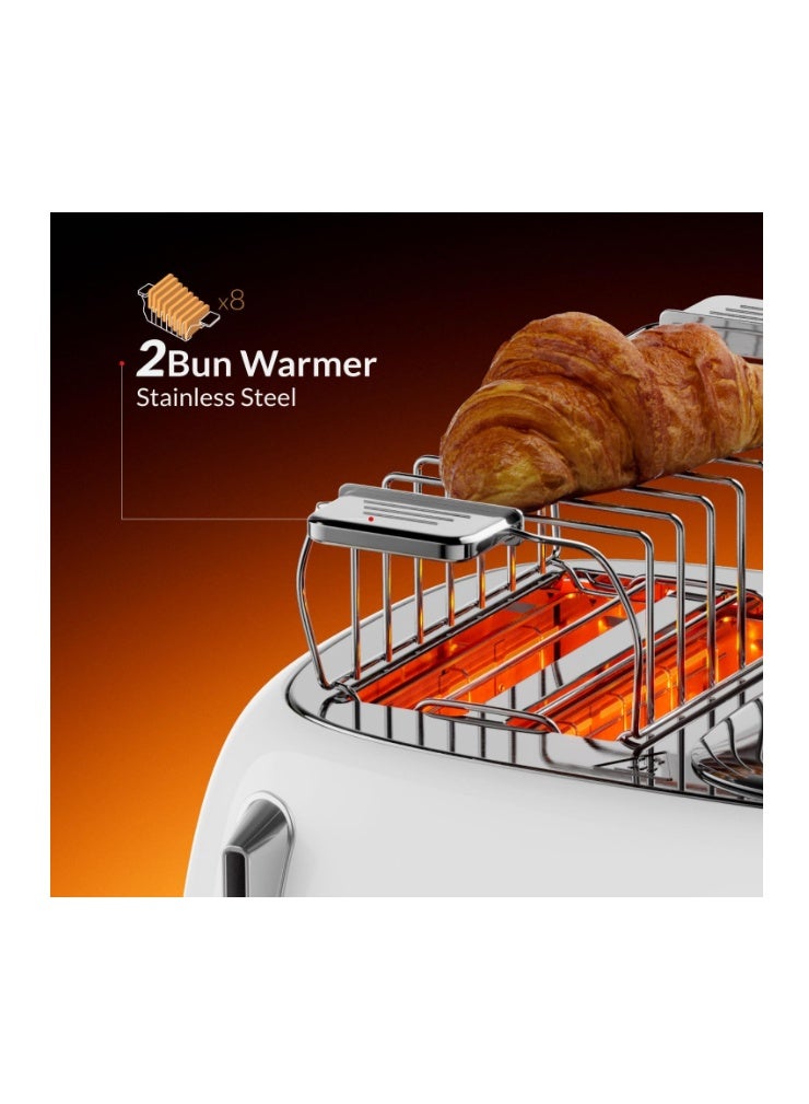 Feller Germany, Retro Style 4-Slice Toaster, 1630 W, Steel Body, 2 Dust Covers & 2 Bun Warmers, Defrost, Reheat, & Cancel Function, 4 Extra wide Bread Slots, Removable Crumb Tray - Image 2