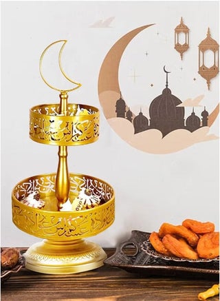 صينية رمضان ذات طبقتين، قطعة زينة لطاولة رمضان، زينة رمضان للمنزل، حامل عرض رمضان للمعجنات والحلويات والفواكه وغيرها (ذهبي) - view 5