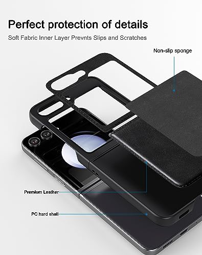 Foluu for Samsung Galaxy Z Flip 5 5G Case, Leather Case, PU Leather + Hard PC Shell Ultra Thin Slim Durable Protective Phone Case Cover for Samsung Galaxy Z Flip5 5G 2023 (Black) - Image 4