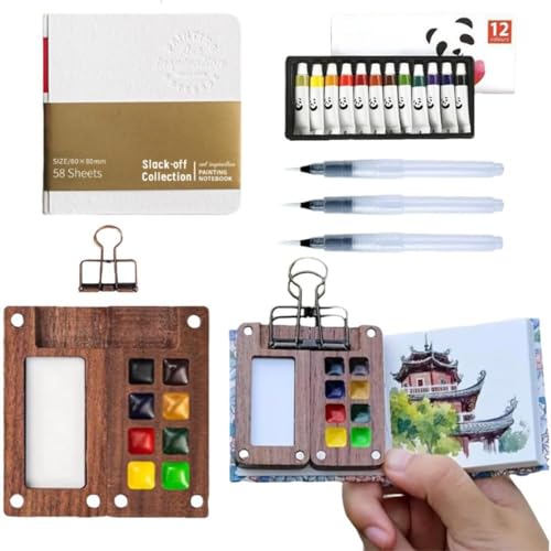 DIANZHU Pocket Artist Watercolor Travel Set, Wooden Paint Palette Travel Kit, Mini Portable Watercolor Palette with Clip for Artists Painters Students (12 Colors 8 Grid Set 3 Brush Pen) - Image 1