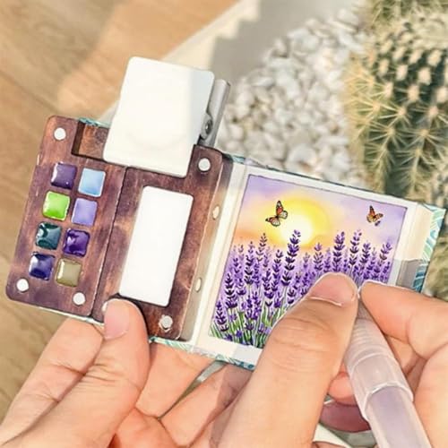 DIANZHU Pocket Artist Watercolor Travel Set, Wooden Paint Palette Travel Kit, Mini Portable Watercolor Palette with Clip for Artists Painters Students (12 Colors 8 Grid Set 3 Brush Pen) - Image 4