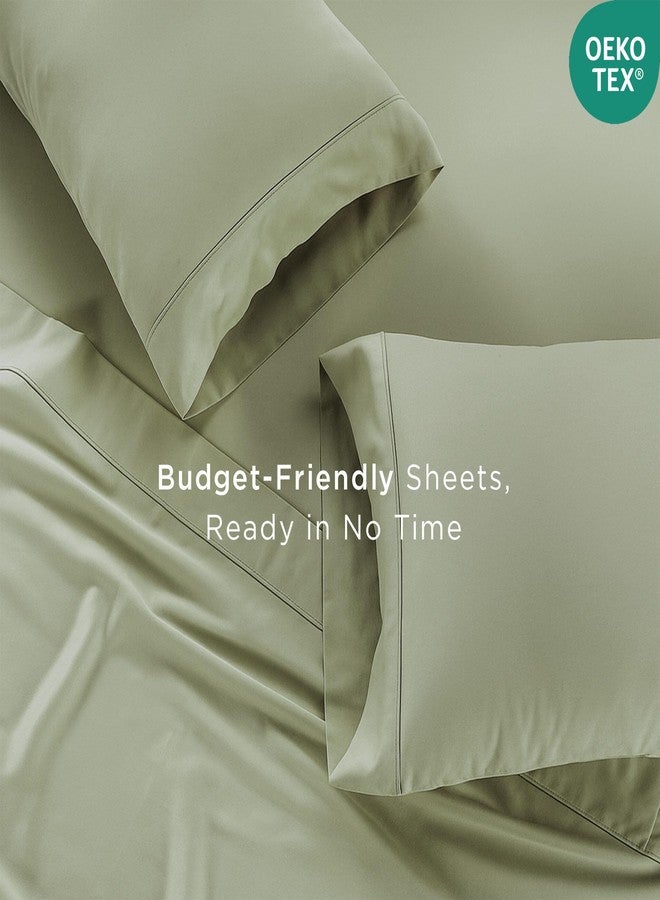 Threadmill Cotton Queen Sheet Set | 100% Cotton Sheets for Queen Size Bed | Solid Sateen Queen Bed Sheets Set with 16” Deep Pocket | Soft Breathable 4-Piece Cooling Bedding Sheet Set | Sage Green - Image 4