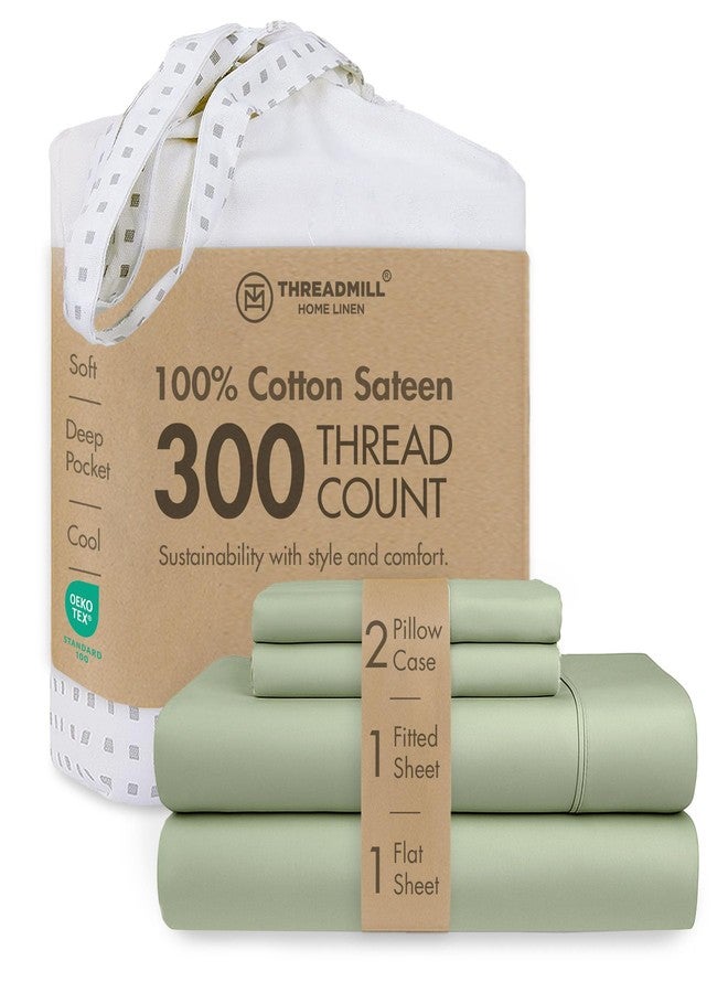 Threadmill Cotton Queen Sheet Set | 100% Cotton Sheets for Queen Size Bed | Solid Sateen Queen Bed Sheets Set with 16” Deep Pocket | Soft Breathable 4-Piece Cooling Bedding Sheet Set | Sage Green - Image 1