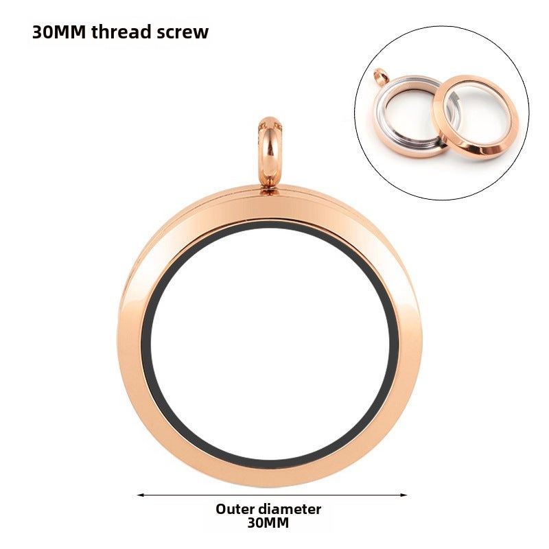 Generic Stainless Steel Glass Locket Pendant Necklace 30mm Rose Gold Stainless Steel Threaded Phase Box 