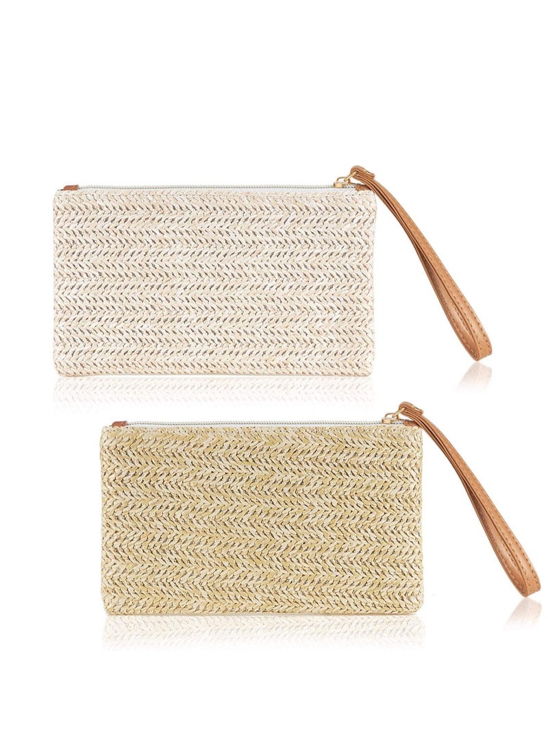 KASTWAVE 2 Pieces Straw Clutch Purse Straw Handbag, for Women Summer Beach Straw Bag Bohemian Wristlet Bag, Straw Purse Hand Wrist Type Summer Beach bag ,Handbags Wallet (Beige-White, Beige-Yellow)  - Image 1