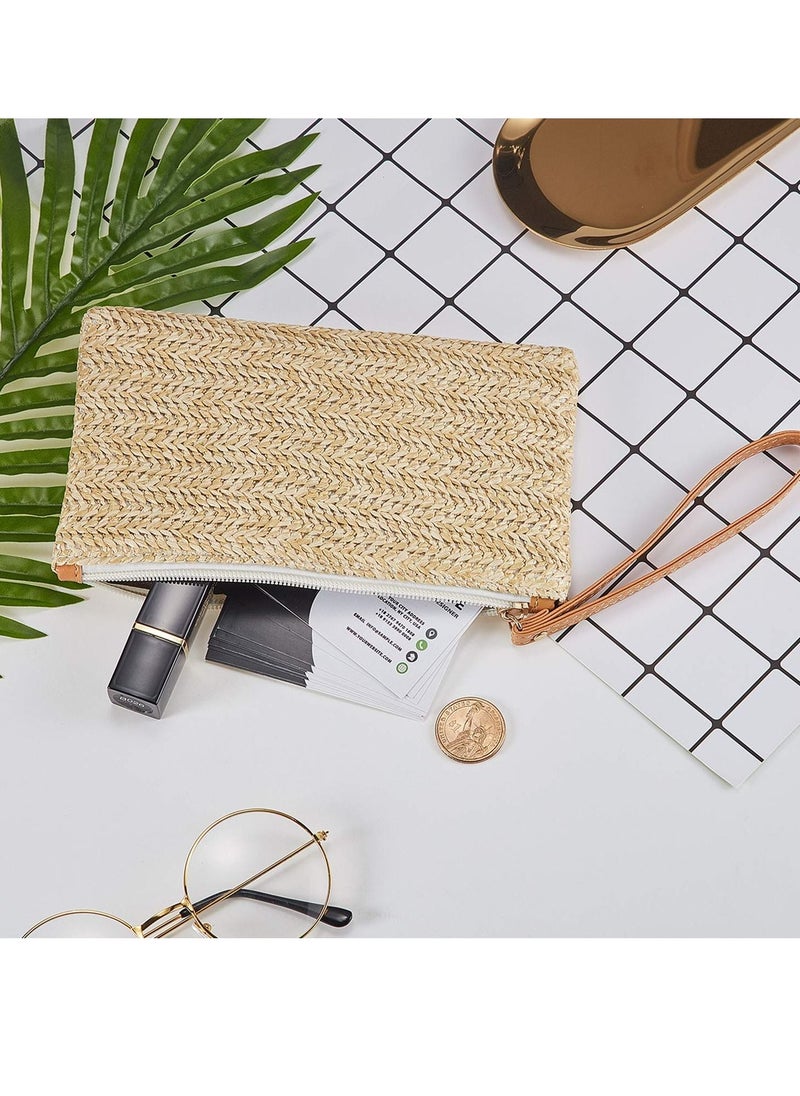 KASTWAVE 2 Pieces Straw Clutch Purse Straw Handbag, for Women Summer Beach Straw Bag Bohemian Wristlet Bag, Straw Purse Hand Wrist Type Summer Beach bag ,Handbags Wallet (Beige-White, Beige-Yellow)  - Image 2
