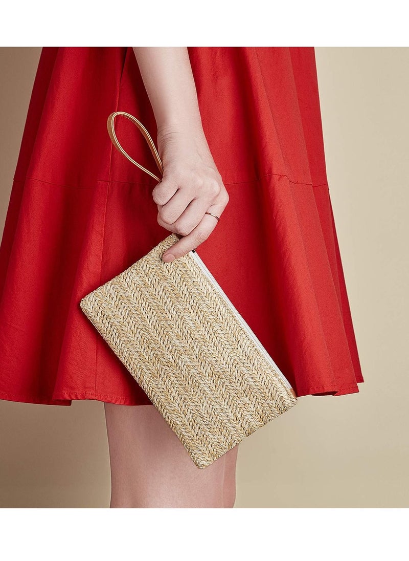 KASTWAVE 2 Pieces Straw Clutch Purse Straw Handbag, for Women Summer Beach Straw Bag Bohemian Wristlet Bag, Straw Purse Hand Wrist Type Summer Beach bag ,Handbags Wallet (Beige-White, Beige-Yellow)  - Image 5
