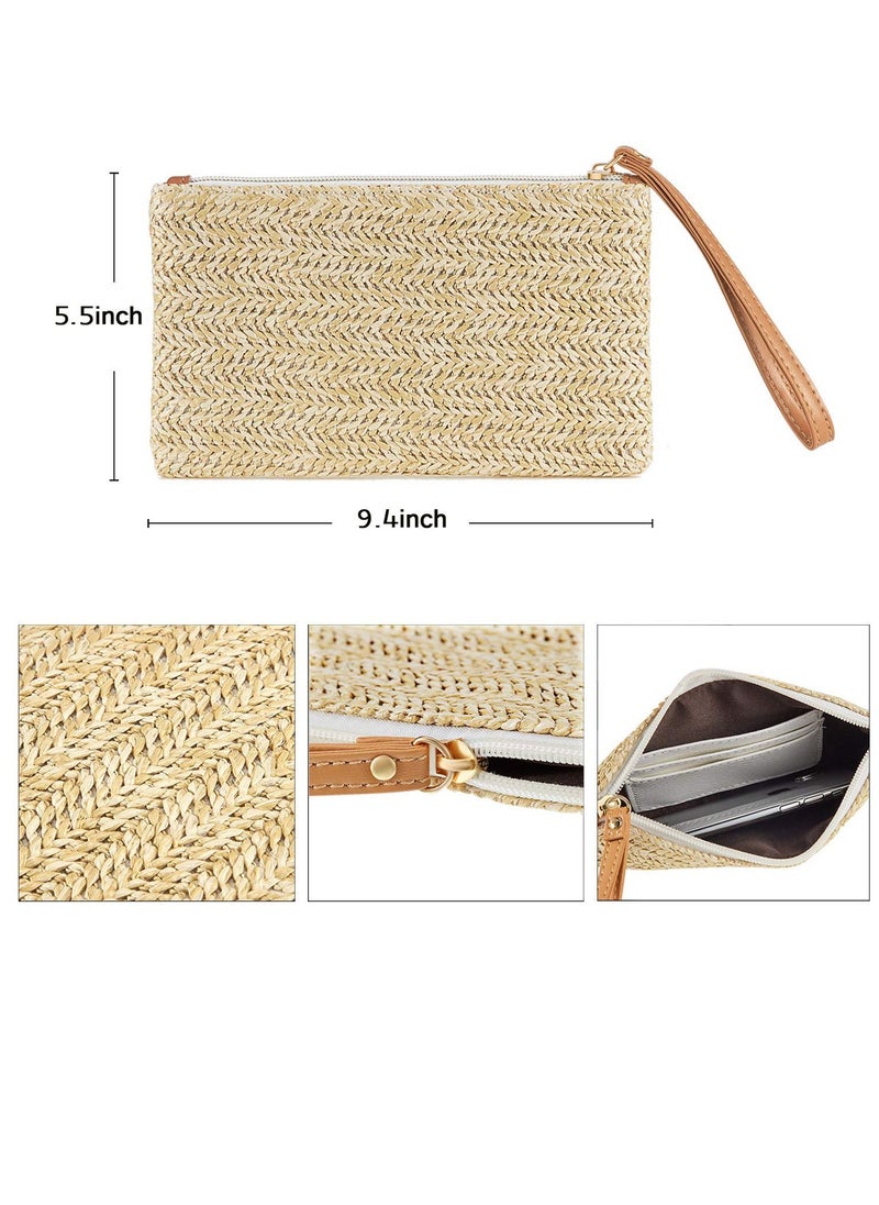 KASTWAVE 2 Pieces Straw Clutch Purse Straw Handbag, for Women Summer Beach Straw Bag Bohemian Wristlet Bag, Straw Purse Hand Wrist Type Summer Beach bag ,Handbags Wallet (Beige-White, Beige-Yellow)  - Image 4
