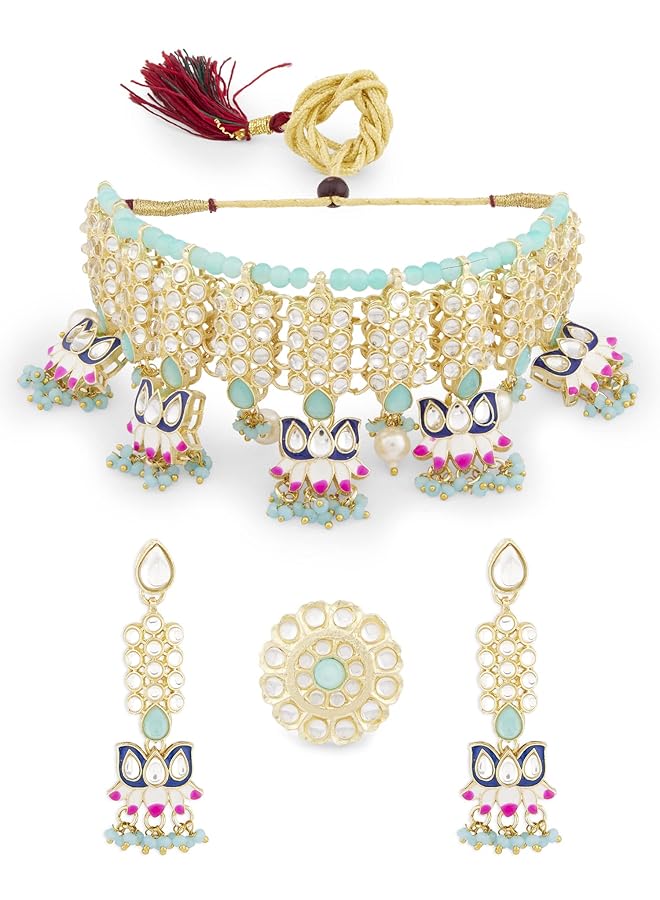 erorex Blue And Pink Meenakari Lotus Drop Kundan Choker Necklace Earring And Ring Set For Women Zpfk13202 - Image 1