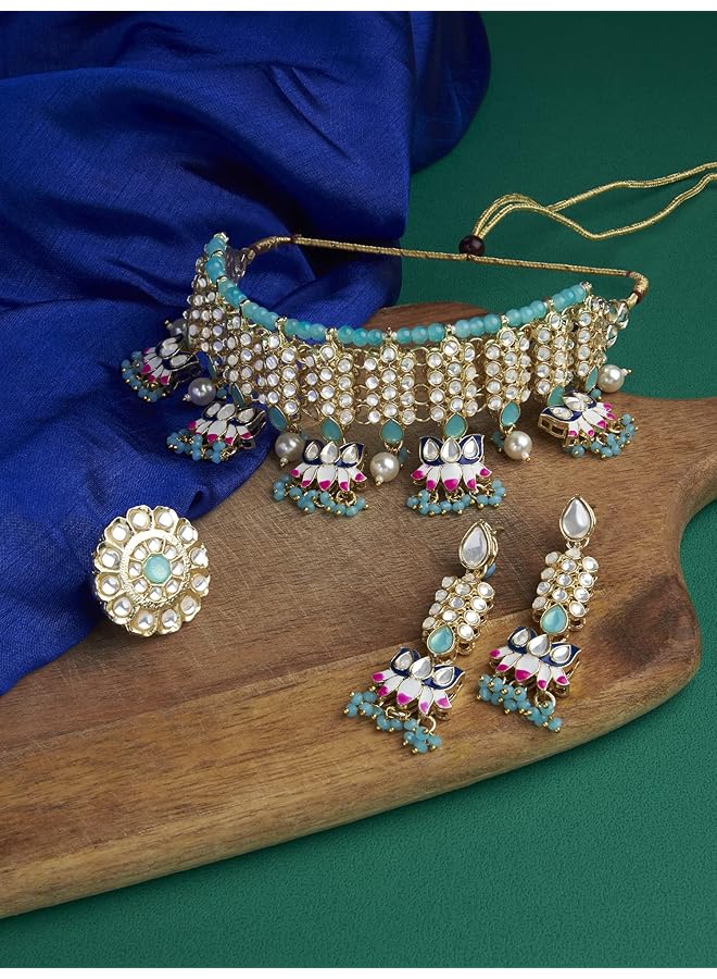 erorex Blue And Pink Meenakari Lotus Drop Kundan Choker Necklace Earring And Ring Set For Women Zpfk13202 - Image 2