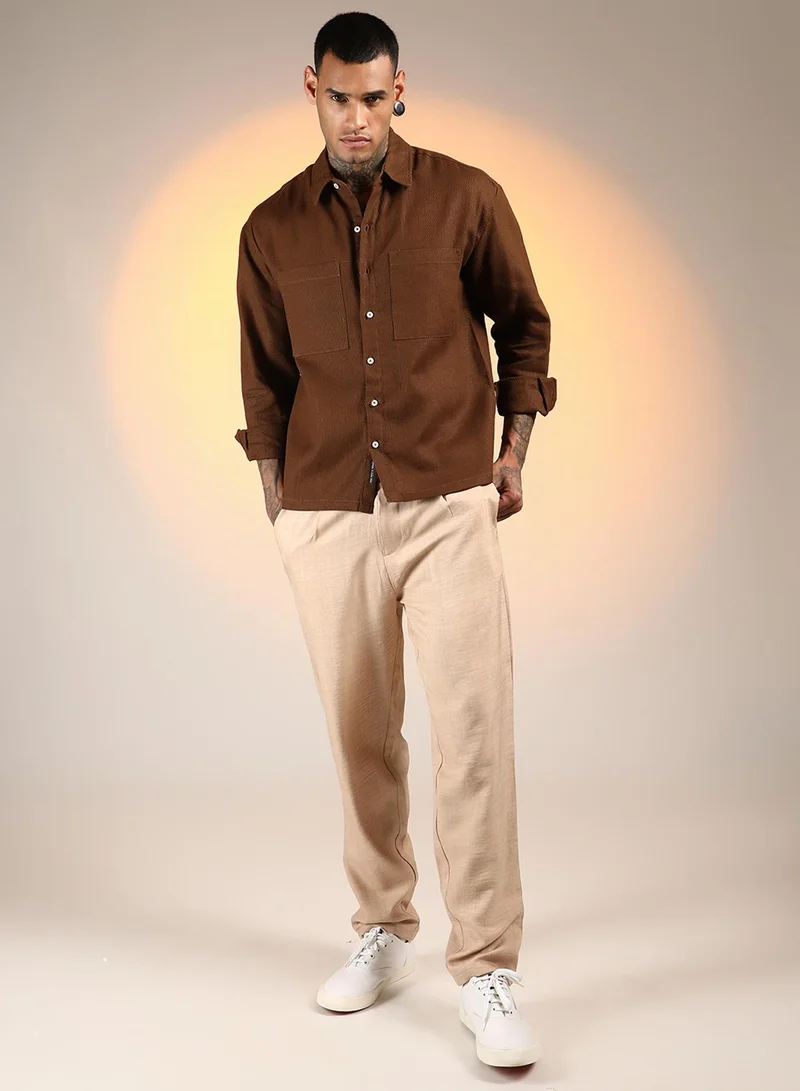 كامبوس سوترا Men's Chocolate Brown Solid Canvas Utility Shirt