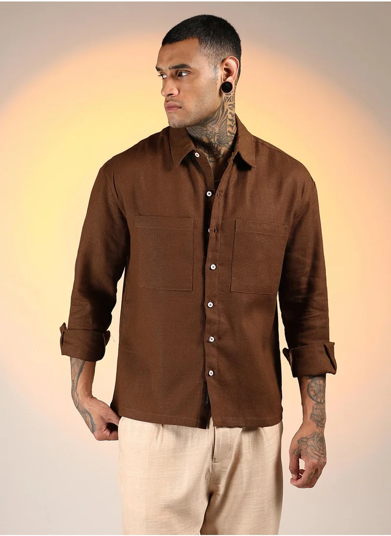 كامبوس سوترا Men's Chocolate Brown Solid Canvas Utility Shirt