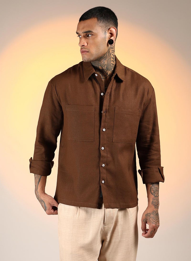 Campus Sutra Men's Chocolate Brown Solid Canvas Utility Shirt  - Image 2