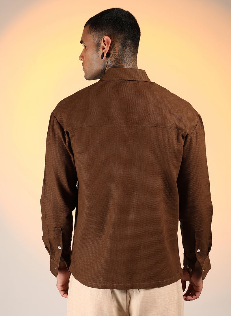 Campus Sutra Men's Chocolate Brown Solid Canvas Utility Shirt  - Image 5