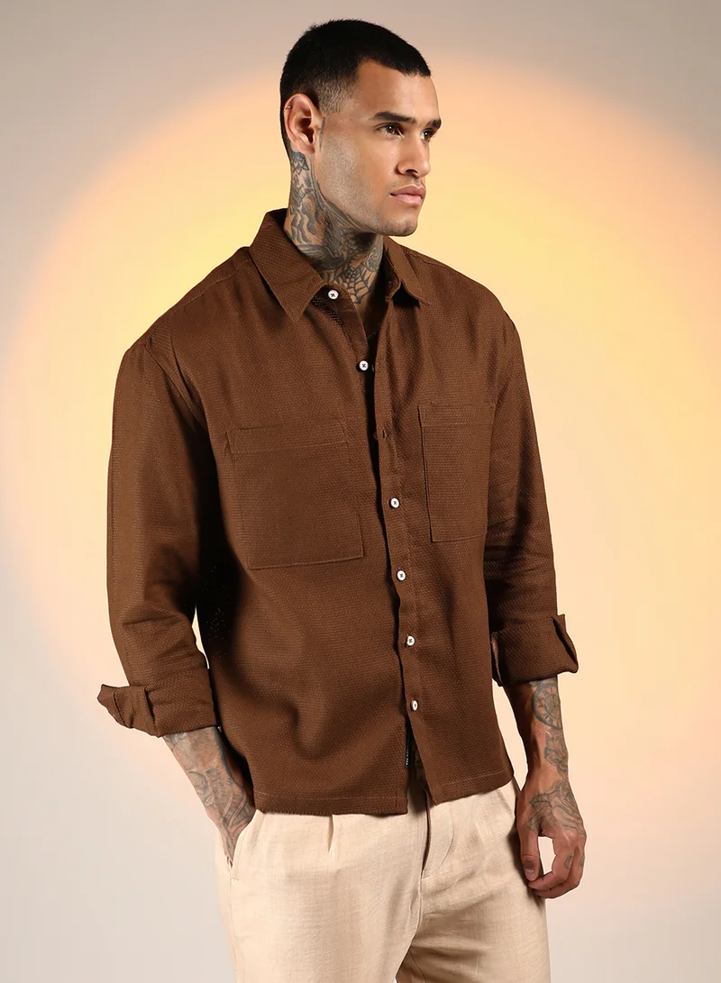 كامبوس سوترا Men's Chocolate Brown Solid Canvas Utility Shirt