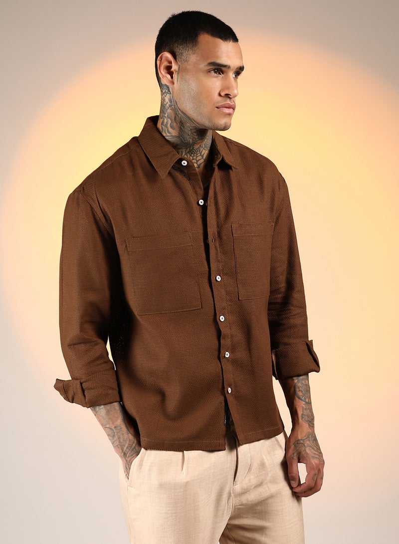 Campus Sutra Men's Chocolate Brown Solid Canvas Utility Shirt  - Image 3