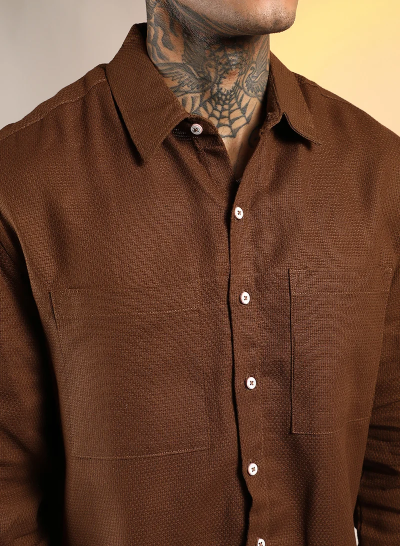 كامبوس سوترا Men's Chocolate Brown Solid Canvas Utility Shirt