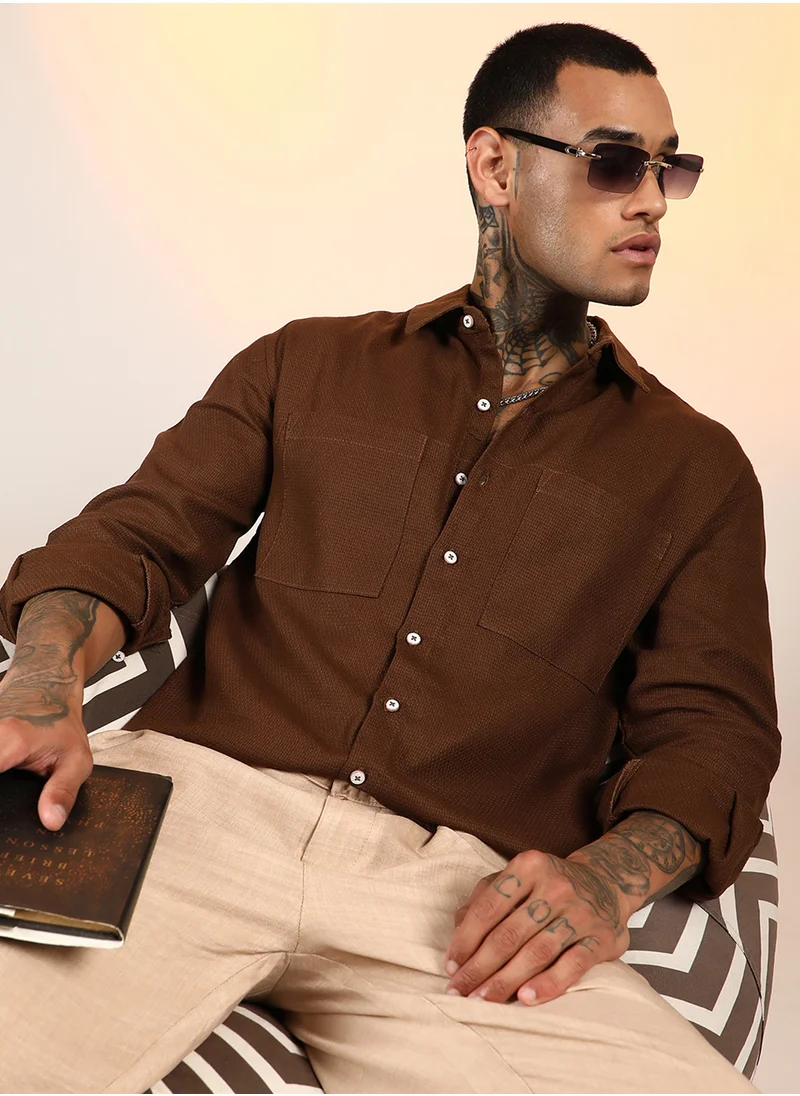 كامبوس سوترا Men's Chocolate Brown Solid Canvas Utility Shirt