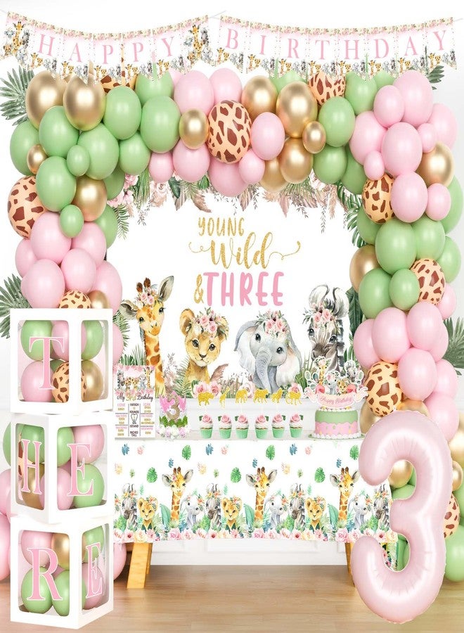 Hombae Young Wild and Three Party Decorations Girl, Safari 3rd Birthday Decoration, Jungle Animal Theme 3 Year Old Party Decoartions Backdrop Balloon Banner Tablecloth for Third Birthday Decor Girl - Image 1