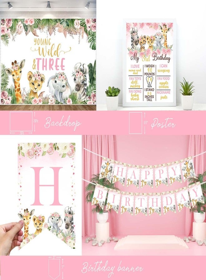 Hombae Young Wild and Three Party Decorations Girl, Safari 3rd Birthday Decoration, Jungle Animal Theme 3 Year Old Party Decoartions Backdrop Balloon Banner Tablecloth for Third Birthday Decor Girl - Image 4