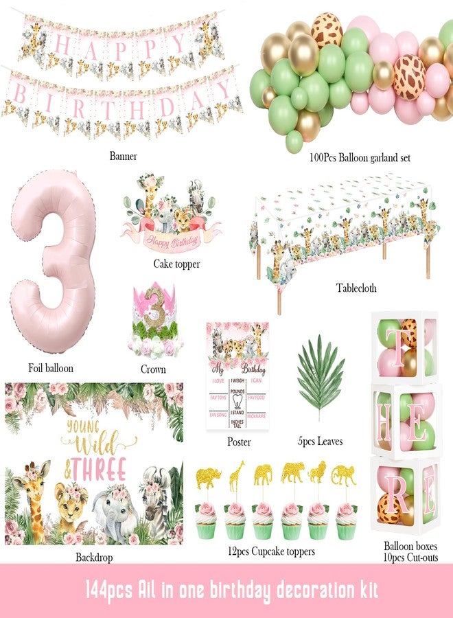 Hombae Young Wild and Three Party Decorations Girl, Safari 3rd Birthday Decoration, Jungle Animal Theme 3 Year Old Party Decoartions Backdrop Balloon Banner Tablecloth for Third Birthday Decor Girl - Image 2