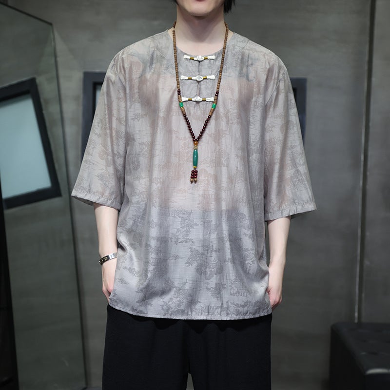 2024 Summer Chinese Style Men'S Chinese Retro Buckle Short Sleeve T-Shirt C229-Chinese T-Shirt Collection -060 - Image 3