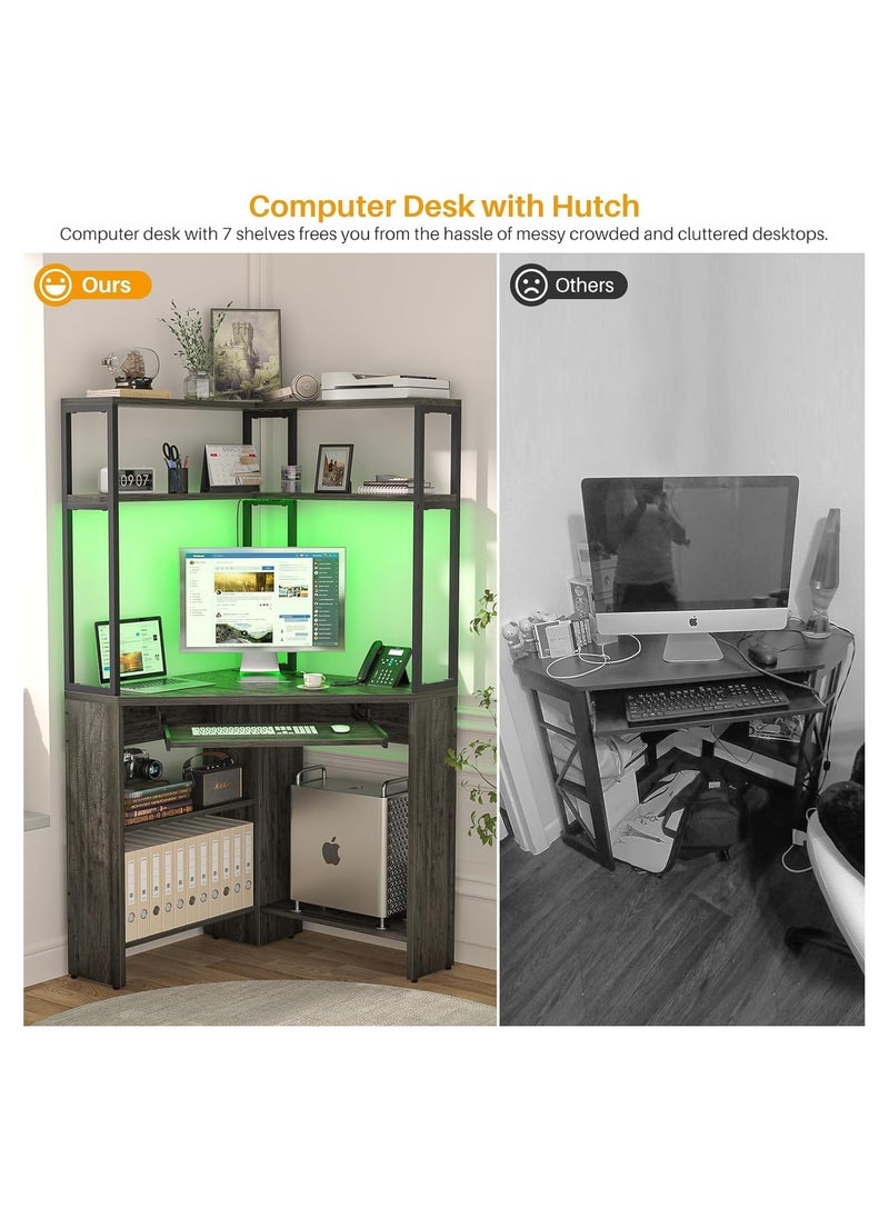 Royal Polar Corner Desk with Charging Station Corner Computer Desk with Keyboard Tray and Hutch Corner Table with Power Outlets LED Light Monitor Stand for Small Space Small Office Desk Workstation  - Image 5