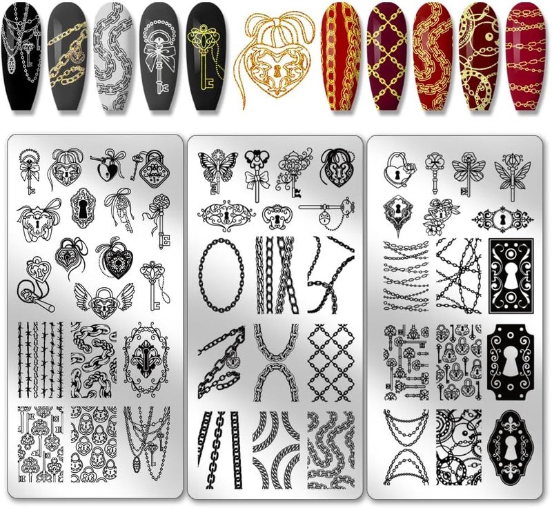 PH PandaHall PH PandaHall 3pcs Chain Key Nail Art Templates Neutral Style Nail Stamping Plate Gothic Cool Lock Nail Art Stencils Stainless Steel Nail Image Plate for Nail Design Print Manicure Salon