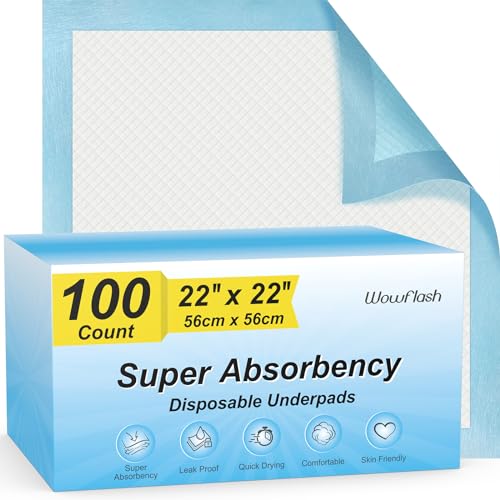 Wowflash 100 Count 22 x 22 Super Absorbency Disposable Underpads Leakproof Quick Drying Disposable Pads for Baby Puppy and Adults Puppy Pads Cat Pee Pads for Dogs Potty Puppy Training Pads