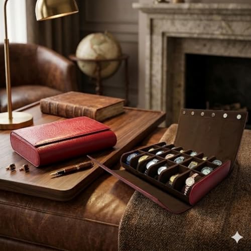 essart 18-Slot Travel Watch Organizer – Elegant PU Leather Watch Roll for Collectors, Scratch-Proof & Portable Storage in Croco-Maroon Color - Image 3