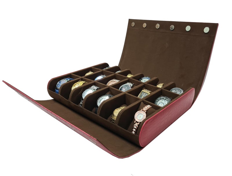 essart 18-Slot Travel Watch Organizer – Elegant PU Leather Watch Roll for Collectors, Scratch-Proof & Portable Storage in Croco-Maroon Color - Image 1