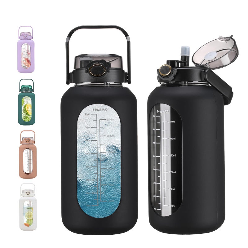chunmo 74 oz Glass Water Bolttles with Straw Large Motivational Water Bottle with Time Marker Sports Water Bottles with Silicone Sleeve and Handle Lid 22L Water Jug for Gym Workout