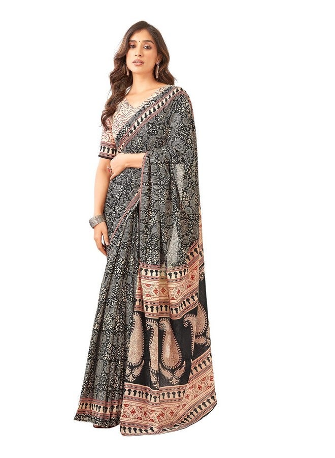 SIRIL Women's Pure Cotton Printed Saree With Unstitched Blouse Piece (3885S379_Black & Cream) - Image 1