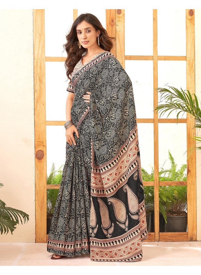 SIRIL Women's Pure Cotton Printed Saree With Unstitched Blouse Piece (3885S379_Black & Cream) - Image 5