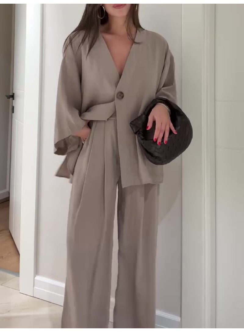 Solid Color Single Button Top And Pants Set