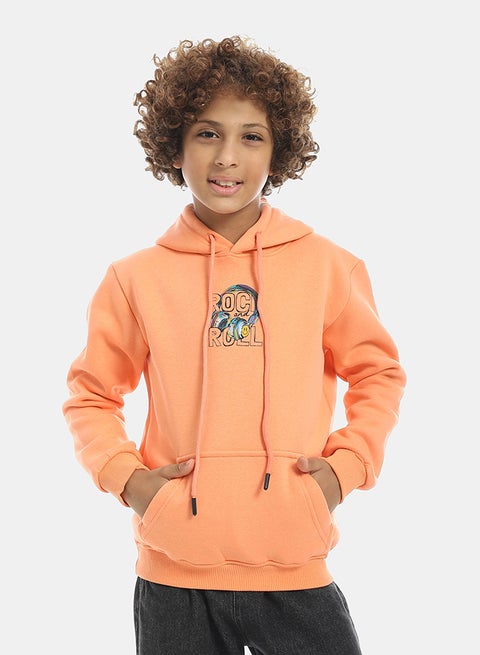 Printed Long Sleeves Hooded With Drawstrings Hoodie - Orange