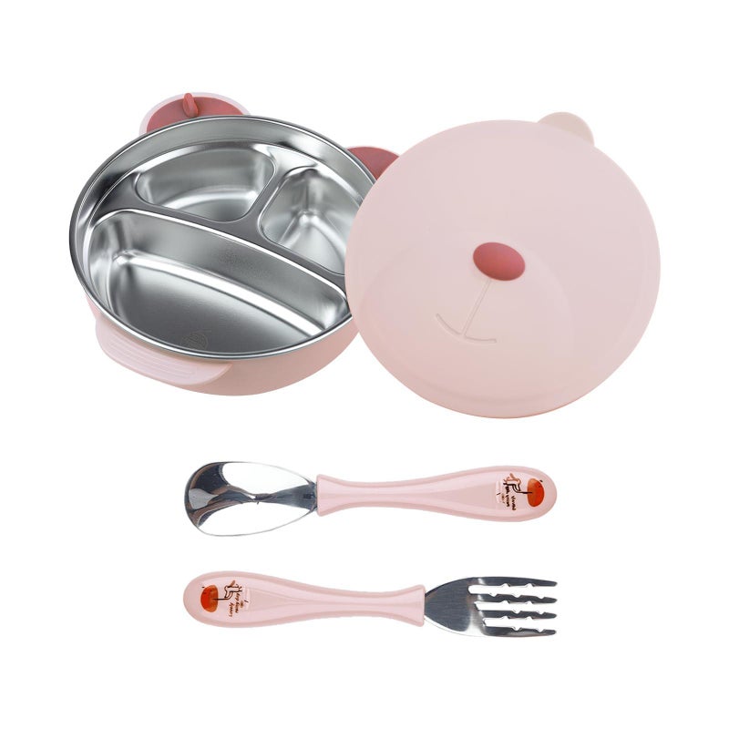 Pink Stainless Steel Plates, Forks, and Spoons – Infant Toddler Utensil Set, Safe, Unbreakable