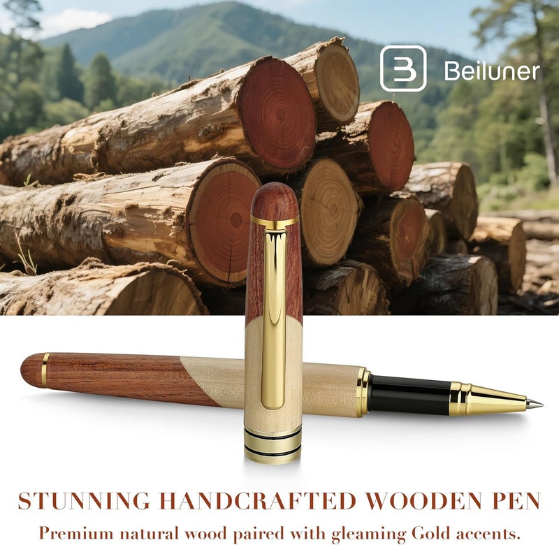 BEILUNER Luxury Wood Ballpoint Pen Writing Set,Maple-Elegant Fancy Nice Gift Pen Set for Signature Calligraphy Office Fancy Nice Supplies - Christmas Gift Boxed with Extra Refills (Black) - Image 2