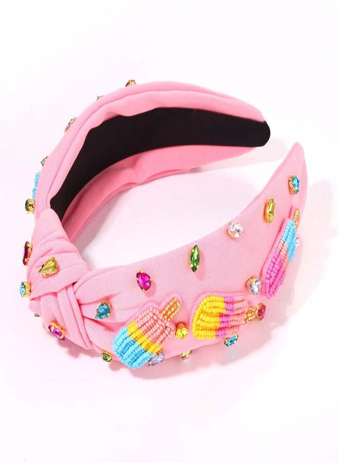 بودرير طوق رأس على شكل مصاصة آيس كريم مزين بالخرز بألوان قوس قزح، طوق رأس معقود للنساء، مرصع بالكريستال، إكسسوارات وهدايا مثالية لحفلات الصيف وأعياد الميلاد للبنات - Image 3
