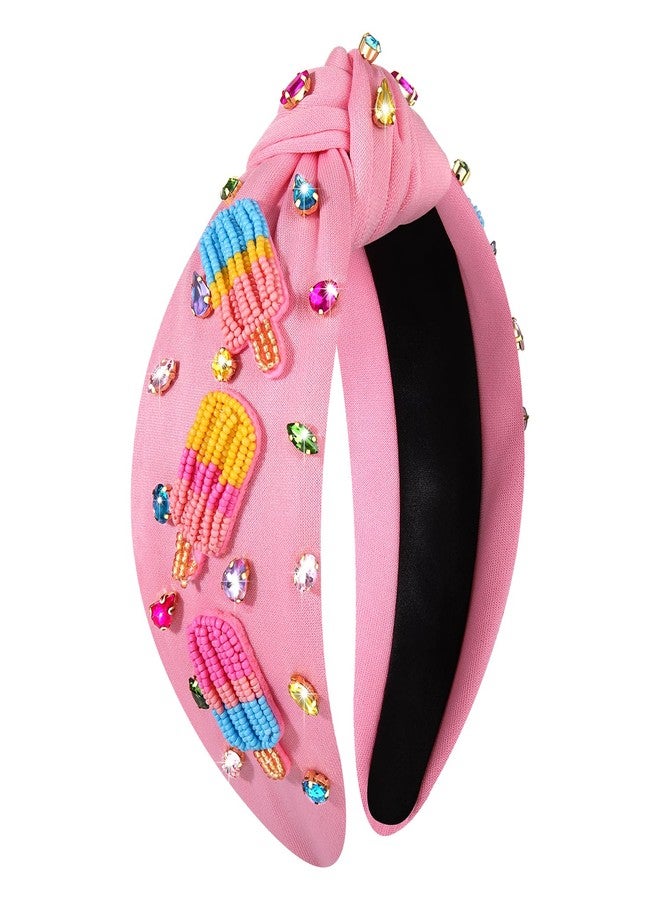 بودرير طوق رأس على شكل مصاصة آيس كريم مزين بالخرز بألوان قوس قزح، طوق رأس معقود للنساء، مرصع بالكريستال، إكسسوارات وهدايا مثالية لحفلات الصيف وأعياد الميلاد للبنات - Image 1