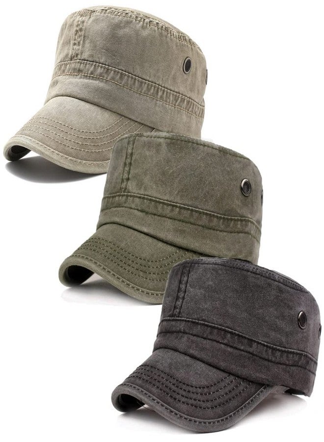 MALINRSSE Men's Cadet Army Caps Cotton Military Caps Flat Top Cap (Dark Grey+Army Green+Khaki, 3) - Image 1