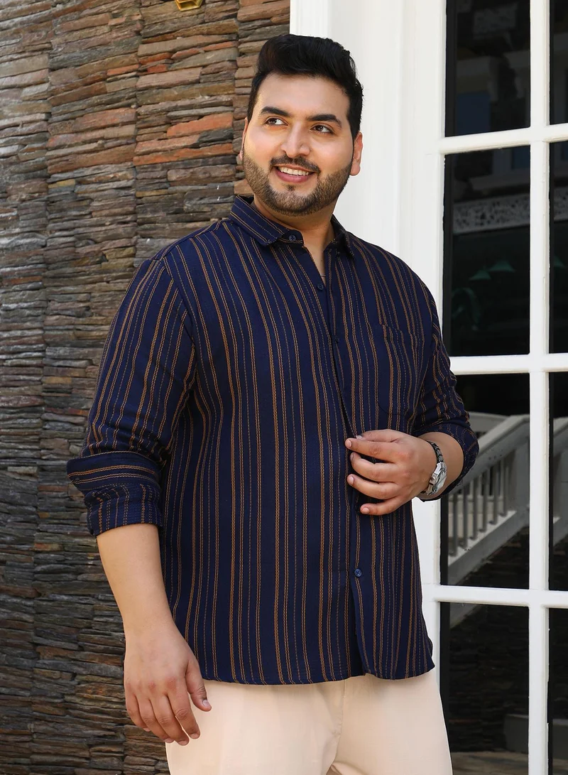 Instafab Plus  Instafab Plus Men's Prussian Blue Multitrack-Striped Regular Shirt For Casual Wear | Spread Collar | Long Cuffed Sleeves | Button Closure | Plus Size Shirt Crafted With Comfort Fit For Everyday Wear for Men | Best Price UAE