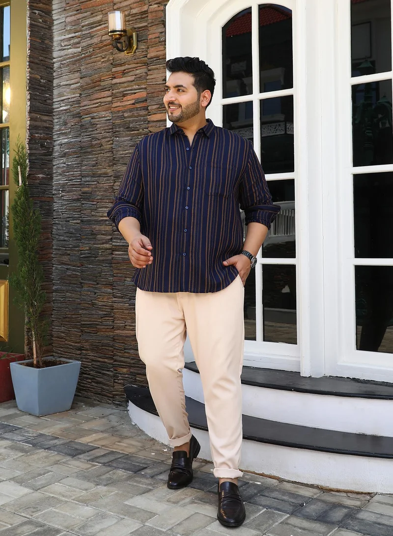 Instafab Plus  Instafab Plus Men's Prussian Blue Multitrack-Striped Regular Shirt For Casual Wear | Spread Collar | Long Cuffed Sleeves | Button Closure | Plus Size Shirt Crafted With Comfort Fit For Everyday Wear for Men | Best Price UAE