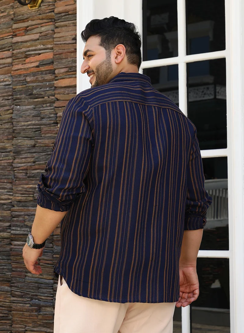 Instafab Plus  Instafab Plus Men's Prussian Blue Multitrack-Striped Regular Shirt For Casual Wear | Spread Collar | Long Cuffed Sleeves | Button Closure | Plus Size Shirt Crafted With Comfort Fit For Everyday Wear for Men | Best Price UAE