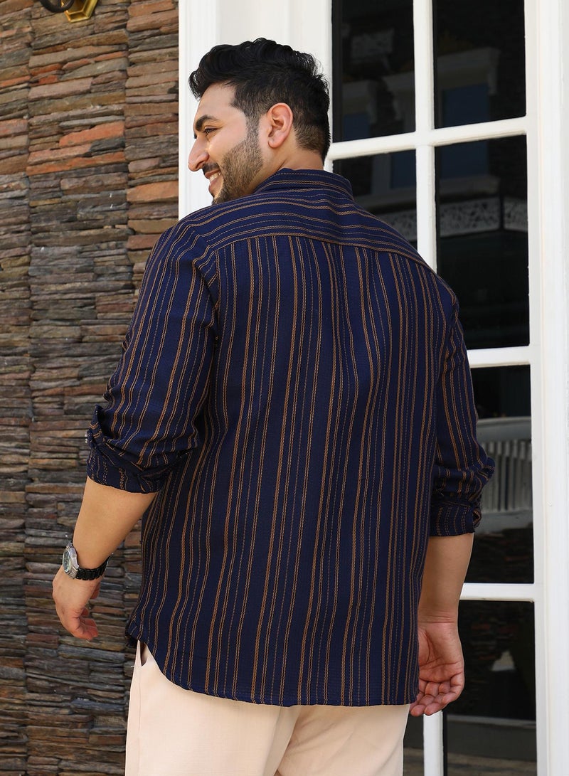Instafab Plus Men's Prussian Blue Multitrack-Striped Regular Shirt For Casual Wear | Spread Collar | Long Cuffed Sleeves | Button Closure | Plus Size Shirt Crafted With Comfort Fit For Everyday Wear - Image 5