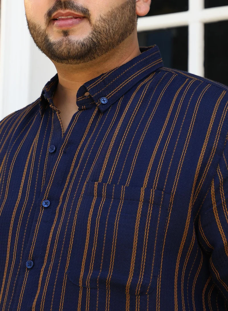 Instafab Plus  Instafab Plus Men's Prussian Blue Multitrack-Striped Regular Shirt For Casual Wear | Spread Collar | Long Cuffed Sleeves | Button Closure | Plus Size Shirt Crafted With Comfort Fit For Everyday Wear for Men | Best Price UAE