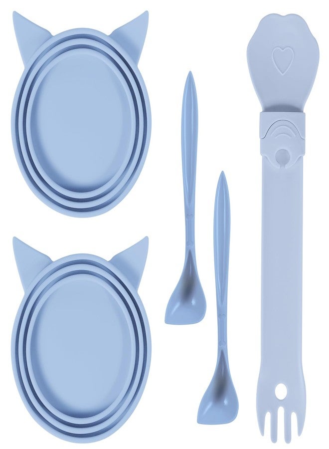 RingsTown 5-piece set of canned pet treats for cats and dogs, including 2 silicone sealing lids, 2 spoons, and 1 cat treat dispenser (blue) - Image 1